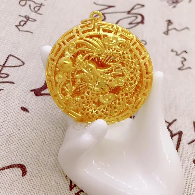 gold pendant OMHXFC YM90 Европейская мода хороший человек для вечеринки, дня рождения свадебный подарок Винтаж полые дракон Круглый 24KT золотой кулон Шарм - Цвет камня: gold pendant