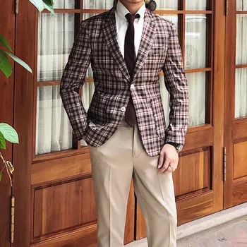 

2020 Spring Khaki Men Blazers Plaid Blazer Homme Slim Fit Business Veste Homme Costume Men Office Check Jacket Vestidos De Novia