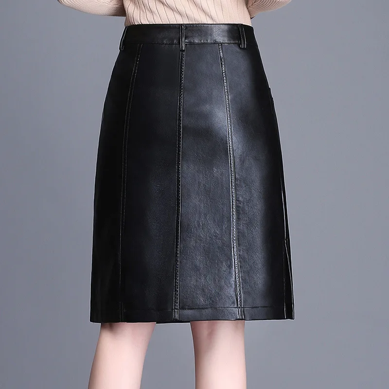 0553 Autumn Faux Leather Skirts Plus Sizes 4XL PU Skirt High Waist Skirts Womens Knee Length Side Split Korean Fashion