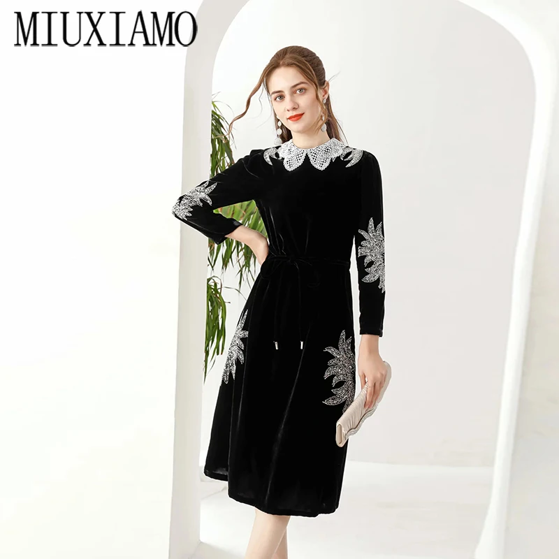 

MIUXIMAO 2021 Spring Summer Women New Diamonds Flower Long Sleeve Elegant SlimVelvet Casual Midi Dress Vestidos