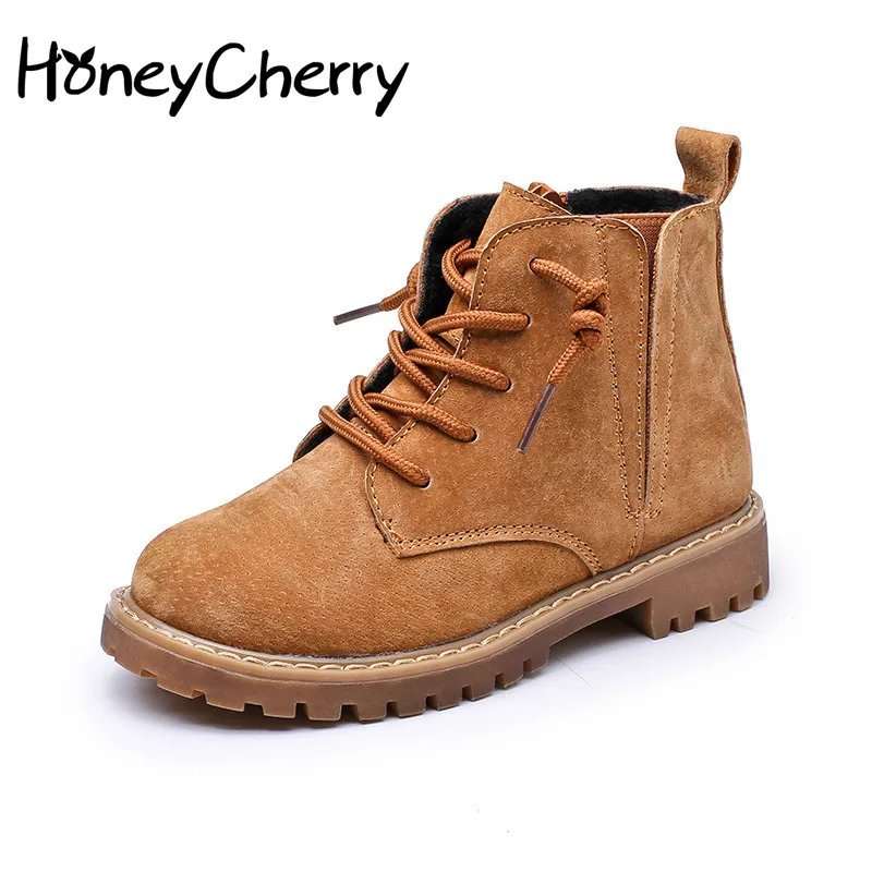 

2020 Winter New Children's Boots Girls' Genuine Leather Martin Boots Boy's Ankle Boot Side Zipper Retro Velvet Cotton Boots