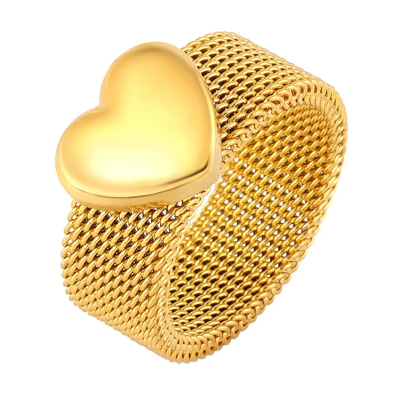 Stainless Steel Gold Color Ring Heart Shape Mesh Rings For Men Women Lover Jewelry Gift