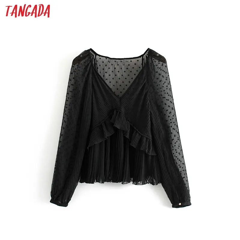 Tangada Женская шикарная черная сетчатая блузка с рюшами и рукавами-фонариками женские прозрачные майки Стильные топы с v-образным вырезом blusas 3H318