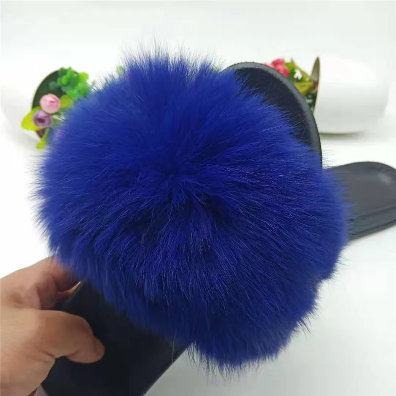 Blue Fur Slippers Women Fox Home Fluffy Sliders Comfort With Feathers Furry Summer Flats Sweet Ladies Shoes Size 45 Home Real fox fur - Цвет: Blue