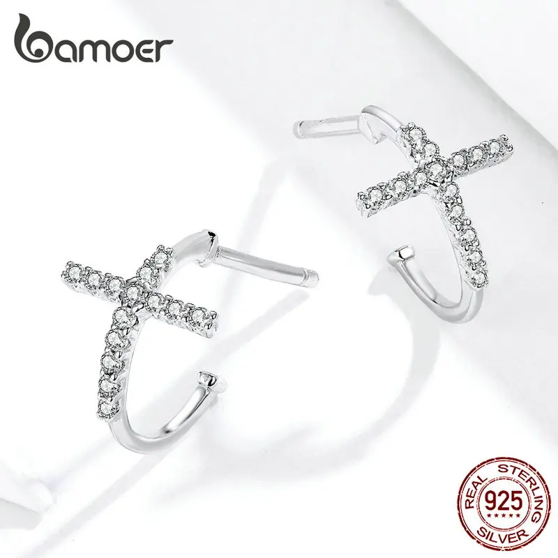 Bamoer, Стерлинговое серебро 925, серьги-кольца для женщин, полуобручи, крест, модное ювелирное изделие, Brincos, свадебные массивные ювелирные изделия SCE755