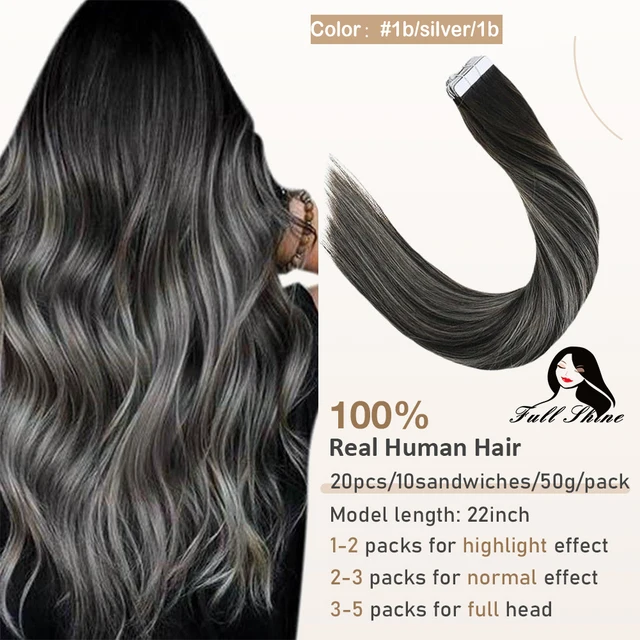 Full Shine Tape In Human Hair Extensions Blonde 100% Real Remy Human Hair Skin Weft Adhesive Glue On For Salon High Quality 1b silver 1b