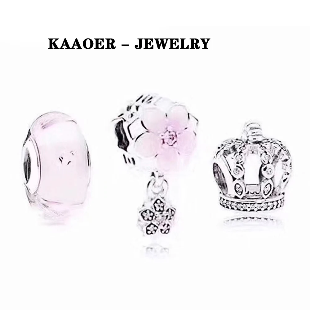 KAAOER 925 Чистое серебро Магнолия Корона Шарм бусины розовое стекло Шарм бисер небольшой свежий подходит для женщин носить