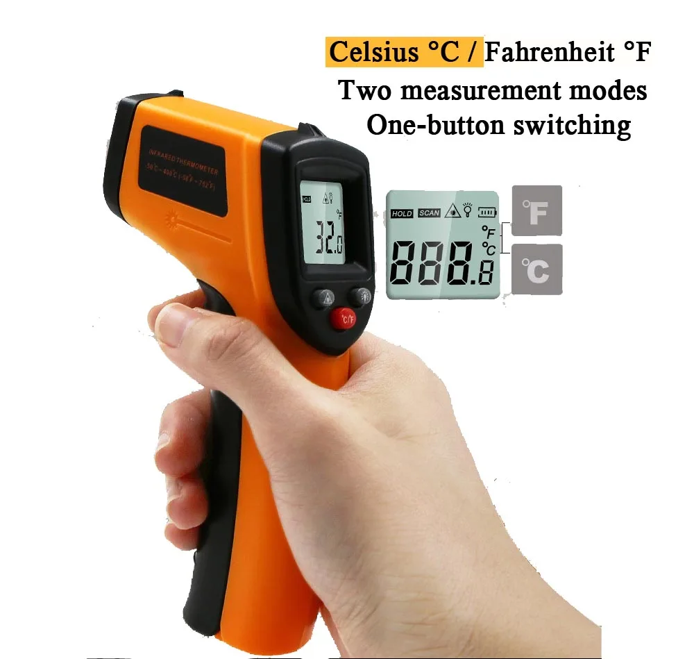 

Non-Contact Laser LCD Display IR Infrared Digital C/F Selection Surface Temperature Thermometer Pyrometer Image