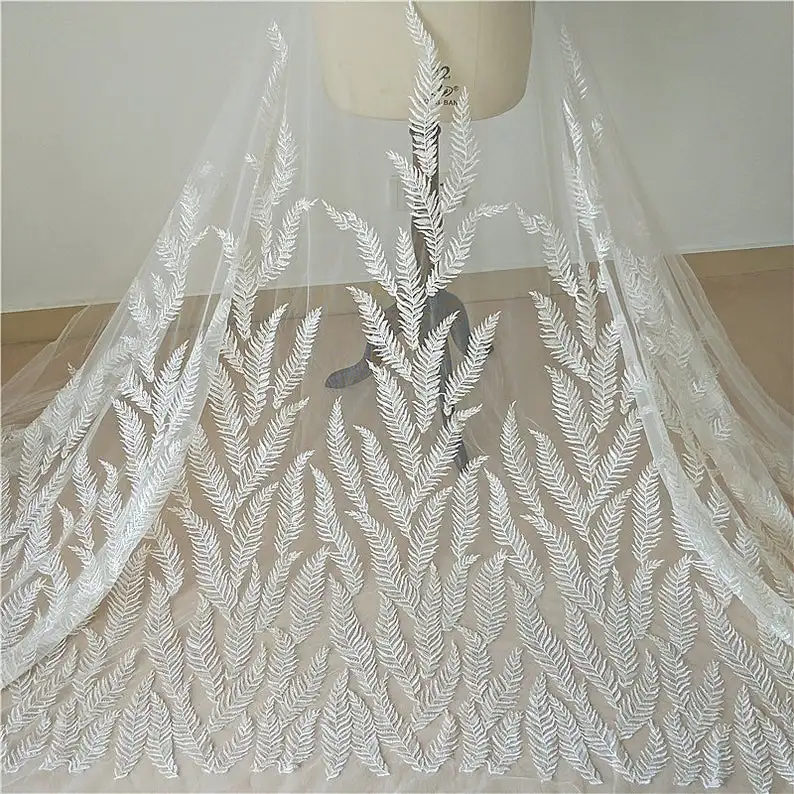 

Off White Leafs Lace Fabric, Beaded&Sequins Tulle Fabric, Embroidered Lace Fabric, DIY Dress Fabric, 51" Width By The Yard