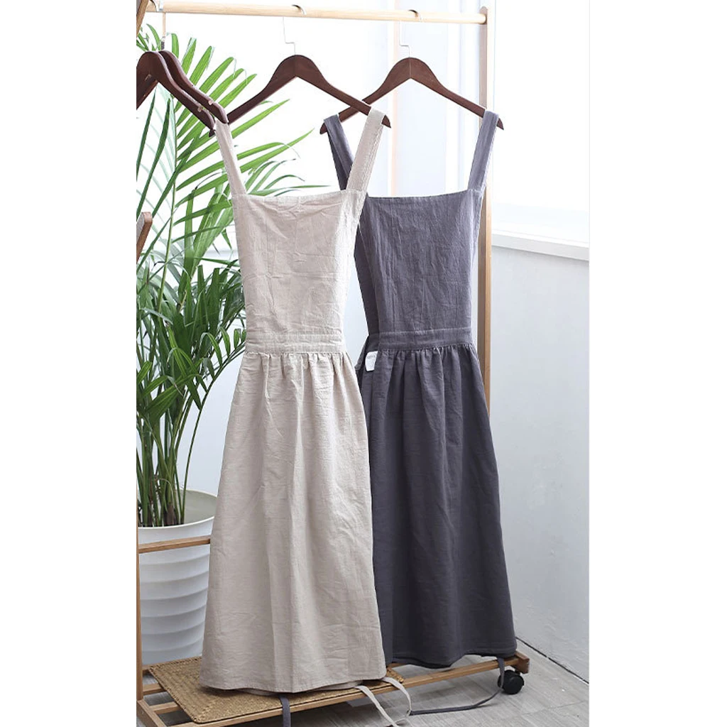 Retro Japanese Cotton Linen Apron Casual Craft Cooking Coffee Shop Workwear