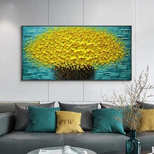 Moderno pintado à mão abstrata grande ouro dinheiro árvore flor 3d pintura a óleo sobre tela decoração da casa parede arte imagem para sala de estar