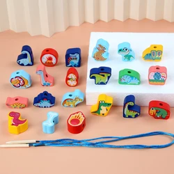 Accessoires de jeu de perles, dinosaures à grosses particules, 21 blocs, jouet en bois Montessori pour l'éducation précoce des enfants, perles enfilées sur une ficelle 