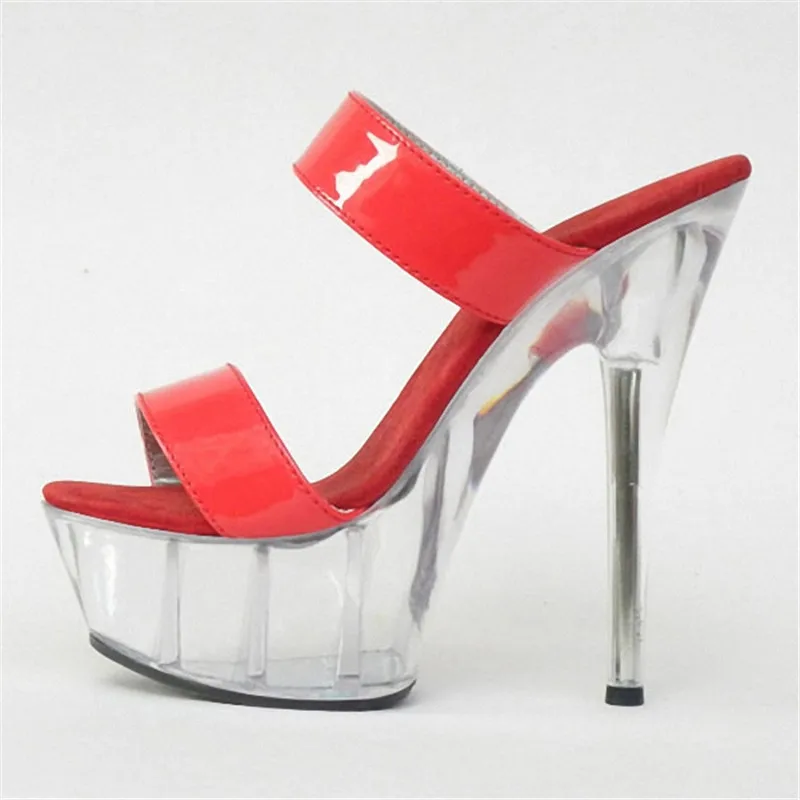6 Inch Red PU Leather Sexy Slippers Classic Crystal Shoes Lady Fashion Summer Stripper 15cm High-Heeled Sandals