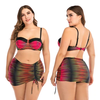 

Plus Size Women Swimwear 2020 Two Piece Swimsuit Sexy Bikini L-4XL Fat Women Large Cup with Underwire Beachwear Waisted Swimwear