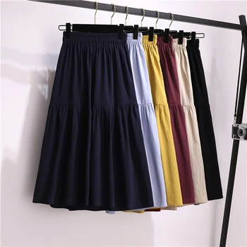 

Zoki Elegant Women Summer Skirt Elastic High Waist Black Cotton Female Midi Skirt Casual Fashion Korean Chic Faldas Mujer Moda