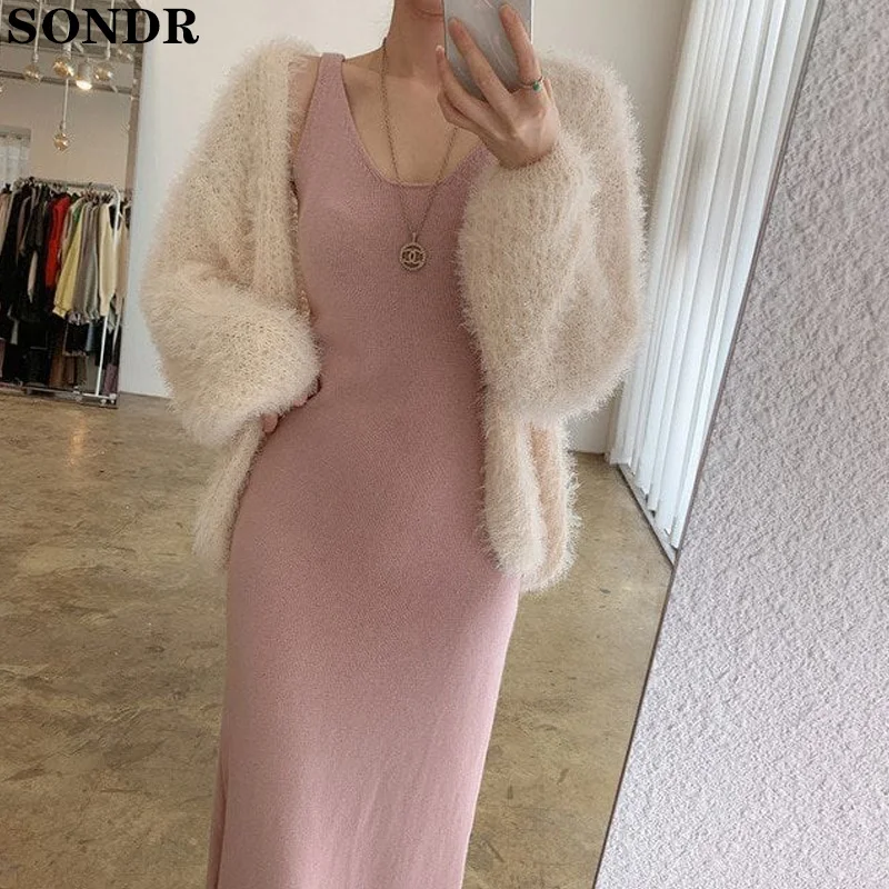 

Female Autumn New Cardigan Sweater 2020 Winter Korean Loose Short Cardigans Coat Jacket + Ladies Two-Piece Suit Knit Vest Dress