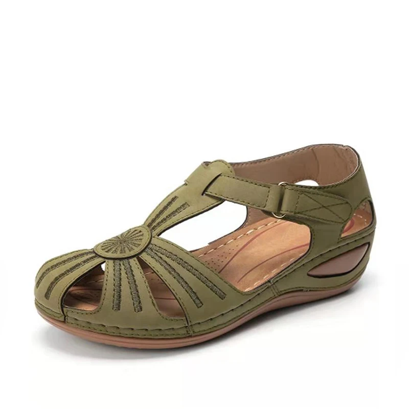 Light green Женские летние сандалии из искусственной кожи старинные сандалии повседневная женская обувь с вышивкой и пряжкой однотонная женская обувь в горошек женская обувь на платформе новинка, размеры 34-44 - Цвет: Light green