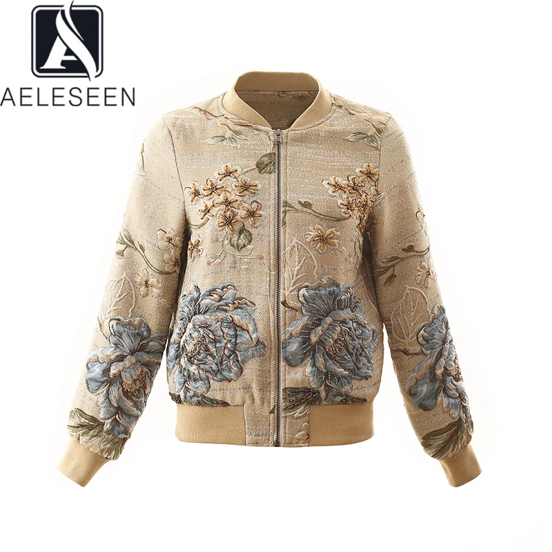 

AELESEEN 2019 Winter Coat Women Runway Floral High Quality Jacquard Luxury Beading & Crystal Embroidery Female Baseball Jacket