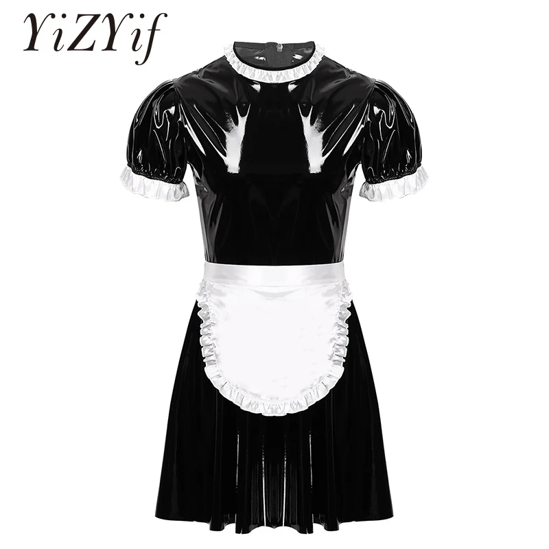 

Sexy Mens Sissy Maid Cosplay Costume Round Neck Short Puff Sleeve Wet Look Patent Leather Maid Servant Flared Dress with Apron