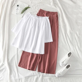 

Mooirue 2020 Spring Summer Women Casual Pants Sets Slash Neck White Blouse +pink Wide Leg Pants Women 2 Piece Sets
