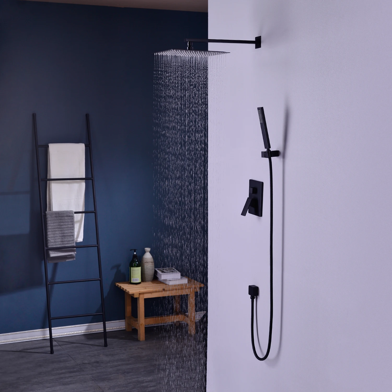 Black Bathroom Shower Faucet Set System Bath Mixer Faucets 8-12" Rainfall Head Diverter Tap Valve Handheld Spray Wall Arm