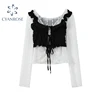Summer Sexy Women's Blouse White Hollow Out Mesh Black Ruffle Lace Up Draped Vest 2021 Summer Vintage Casual Korean Shirt Female 1