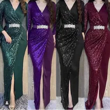 

Fashion Muslim Dress Women Long Sleeve Maxi Dresses Africa Sexy Cross Sequin Ankara Robes Skinny Muslim Bridesmaid Dress Spring