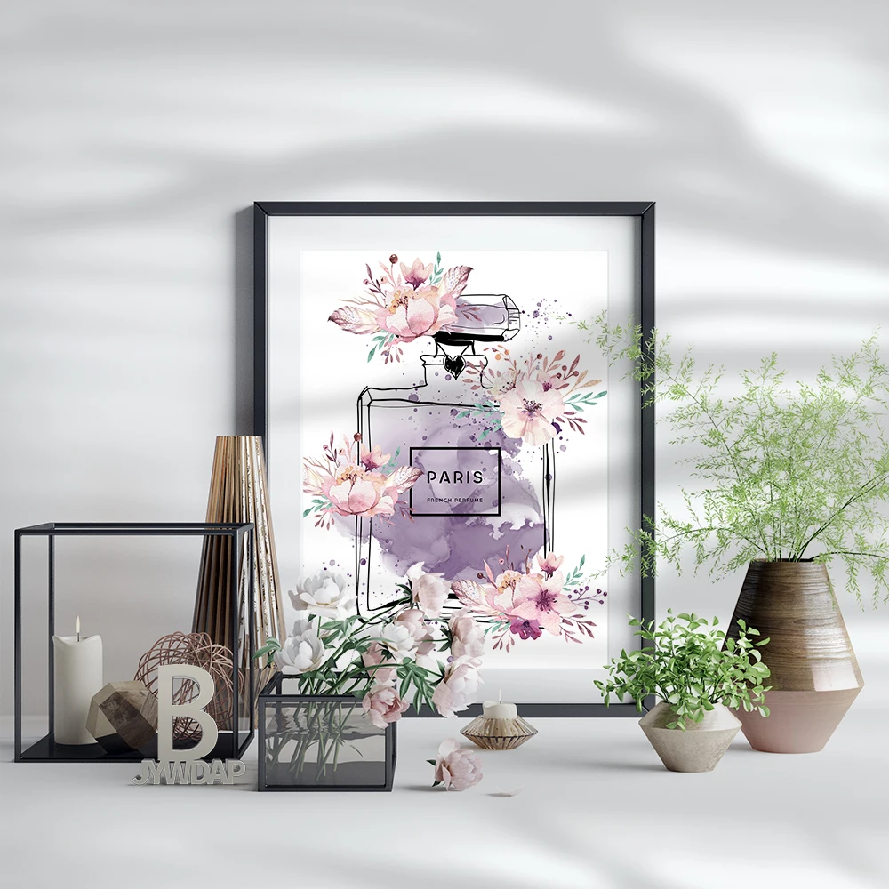 Wandbild 'Parfümflasche Blume' – Goldgraue Botanische Leinwand, 61x45,7 Cm, Deko Für Make-up Zimmer & Wohnzimmer