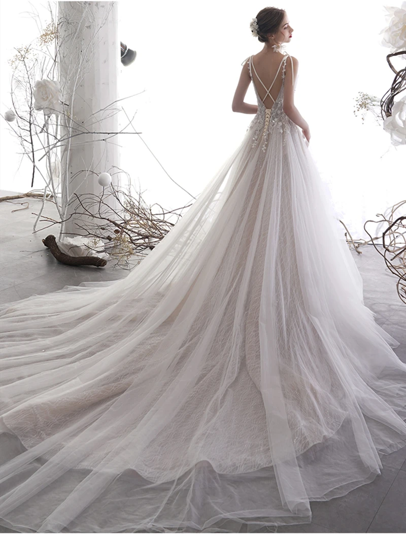 SoAyle Vestido de Noiva сексуальные спагетти трапециевидные Свадебные платья без рукавов свадебное платье с открытой спиной Свадебная Кружевная аппликация платье