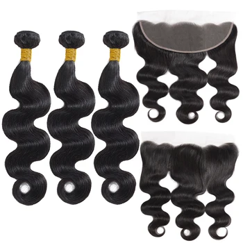 

Peruvian Body Wave Bundles With Lace Frontal Closure Double Weft Remy Human Hair Weave Bundles With Frontals