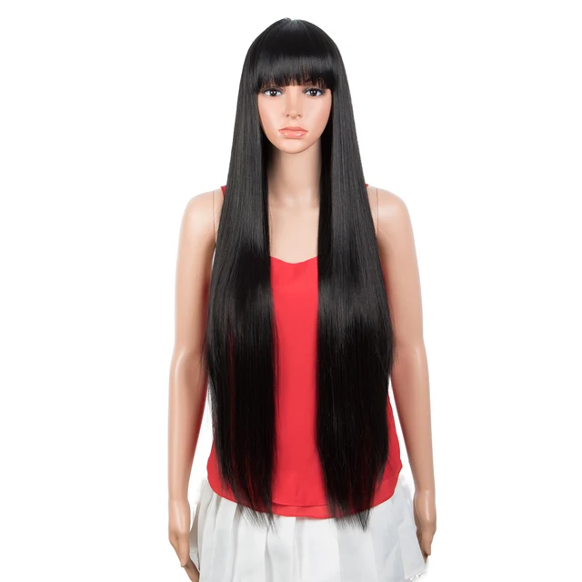 FASHION IDOL Synthetic Wig With Bangs 36 Inch Long Straight Wig Cosplay Ombre Blond Wigs For Black Women Heat Resistant Fiber #1B