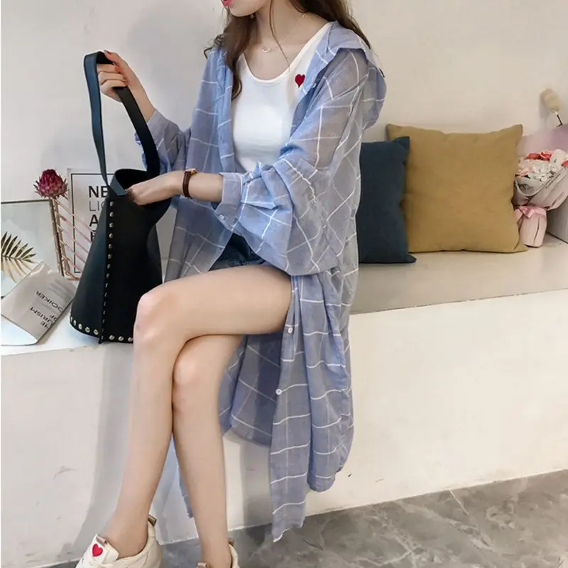 Women Plus Size Lantern Sleeve Button Down Tunic Blouse Plaid Printed Hooded Cardigan Casual Boyfriend Style Loose Tops Shirts | Женская