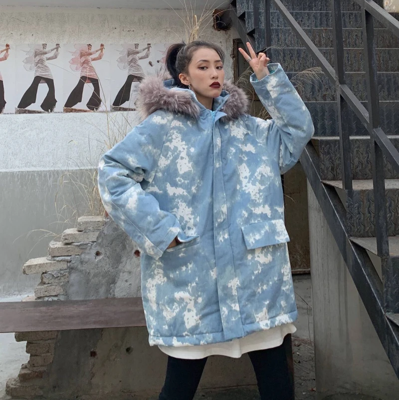Корейская ins Harajuku винтажная BF Свободная куртка с капюшоном женская зимняя новая утолщенная камуфляжная Повседневная модная шикарная Женская куртка