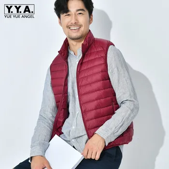 

Autumn Winter Mens Casual Ultra Light Sleeveless Down Jacket Vests Solid Color Stand Collar Slim Fit Waistcoat Outwear Male Vest