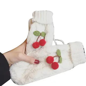 

2020 Cute Cherry Women Winter Woolen Yarn Knitted Gloves Warm Hanging Neck Mittens Christmas Gifts For Women guanti per donna