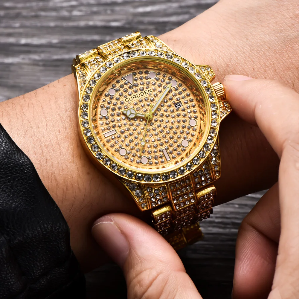 

Full Bling Large Diamond Watch For Men ICED-Out Hip Hop Mens Quartz Watches Waterproof Date Male Clock Gold Steel Relogio XFCS