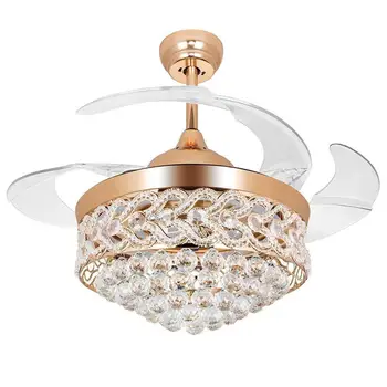 

42 Inch Invisible Crystal Ceiling Fans with LED Light and Remote Control,Indoor Ceiling Light with 4 Retractable ABS Blades Fans