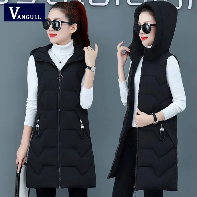 Black Vest Vangull женский хлопковый жилет с капюшоном, однотонный жилет без рукавов, Осень-зима, Повседневный женский теплый длинный жилет на молнии большого размера - Цвет: Black Vest