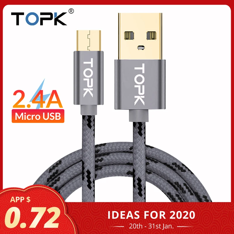 TOPK Original Micro USB Cable with Metal Shell Gold-plated Connector Braided Wire for Samsung / Sony / Xiaomi / Android Phone