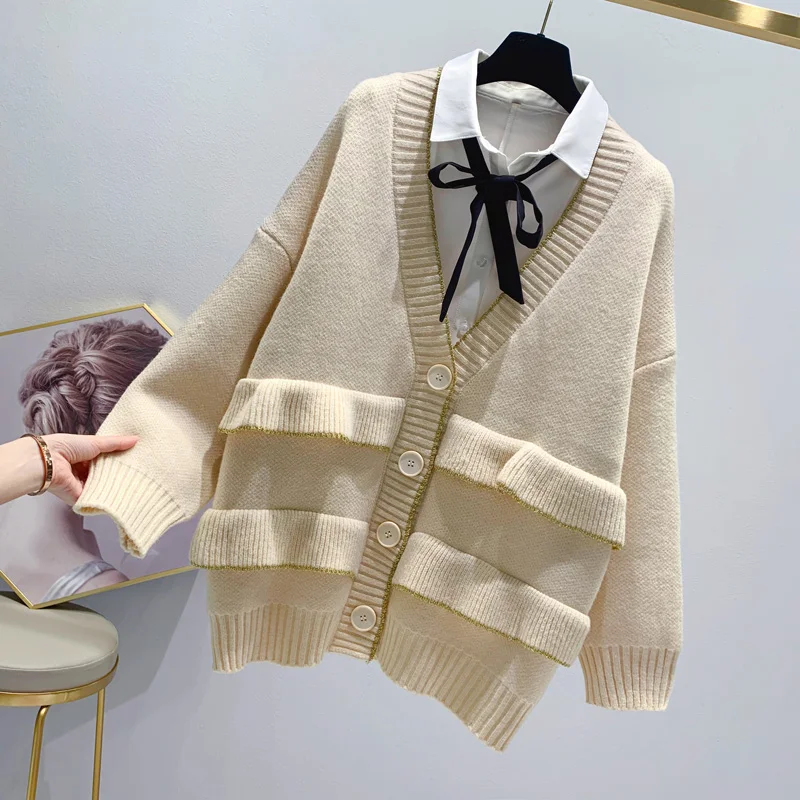 Fall New Medium and Long Lotus Leaf Edge Korean Version Loose Sweater Cardigan Coat Girl Long Sleeve Women Clothing