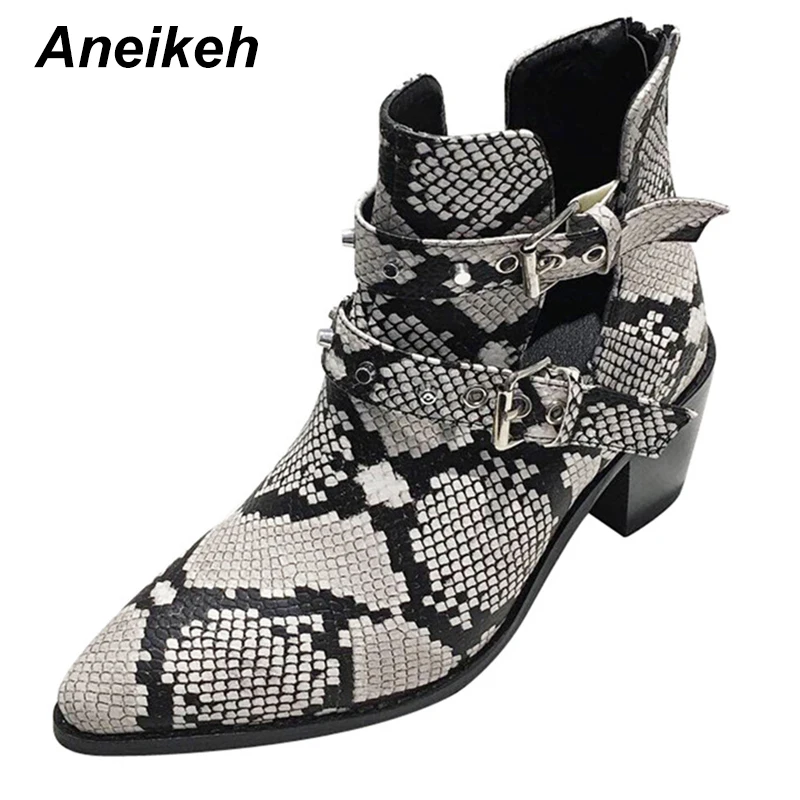 Aneikeh/ковбойские сапоги в ковбойском стиле из змеиной кожи; сезон весна; женские ботильоны с острым носком на среднем каблуке; толстый квадратный каблук; с вырезами; на молнии; с закрытым носком; 43 - Цвет: serpentine