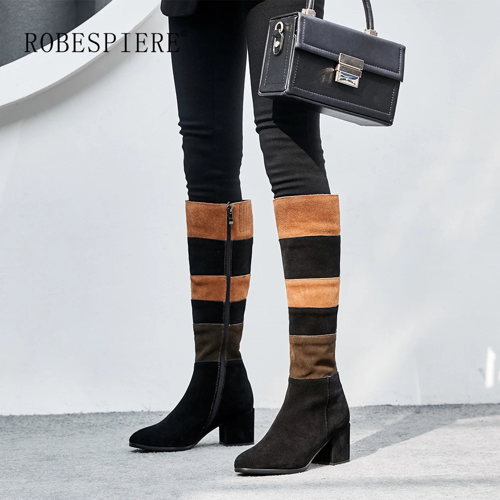 

ROBESPIERE Genuine Leather Boots Women Riding Casual Mixed Colors Zipper Winter Plush Thigh High Boots Botas Mujer Footwear B98