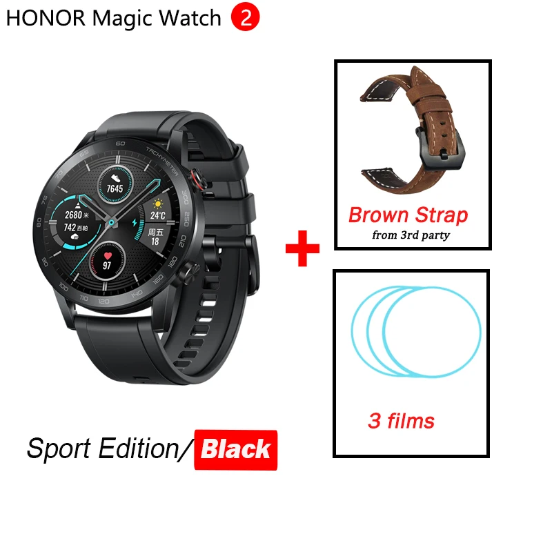 black n brown strap Honor Watch magic 2 magic watch 2 Смарт-часы датчик кислорода в крови spo2 телефонный Звонок трекер сердечного ритма для Android iOS - Цвет: black n brown strap