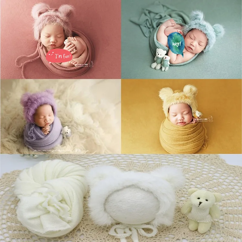 3pcs/set  Newborn Photography Props Blanket  Hat Baby Photography  Wrap Props Bear Doll  Baby Photo  Accessories