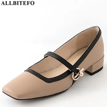 

ALLBITEFO natural genuine leather women heels high quality spring autumn kitten heels simple style Square toe high heel shoes