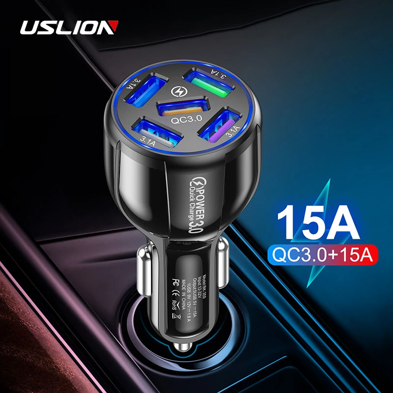 dual usb c car charger USLION 5 Ports LED USB Car Charge Quick Mini 15A Fast Charging For iPhone 12 Xiaomi Huawei Mobile Phone Charger Adapter in Car apple fast car charger