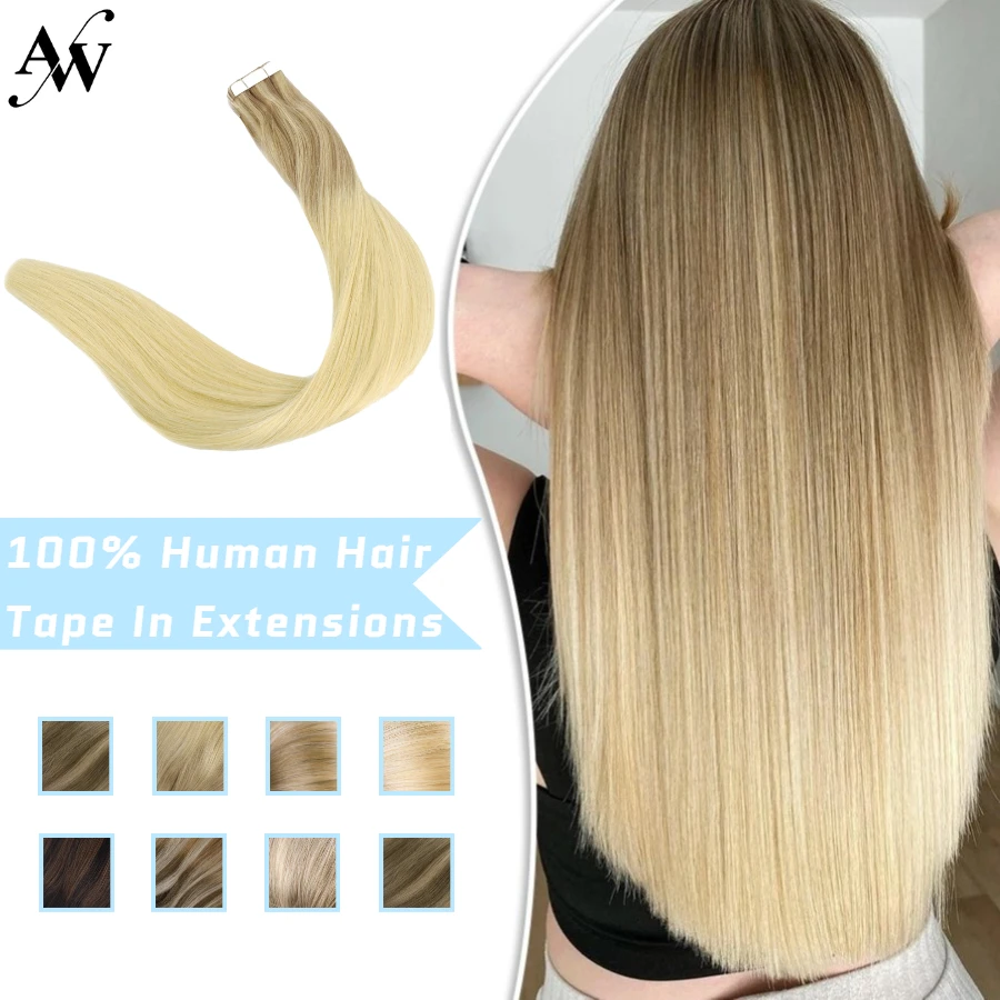 AW 12''-28'' Tape In Human Hair Extensions Straight Seamless Invisible Natural Machine Made Remy Adhesive Glue On Hair Extension