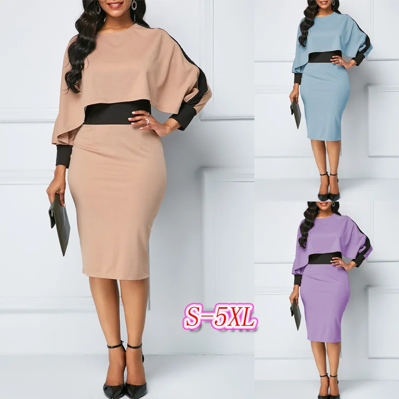 

Spring Autumn Women's Stitching Dress Solid Color Long-Sleeved Office Lady Dress Sexy Slim Bag Hip Party Dress Party Clothing