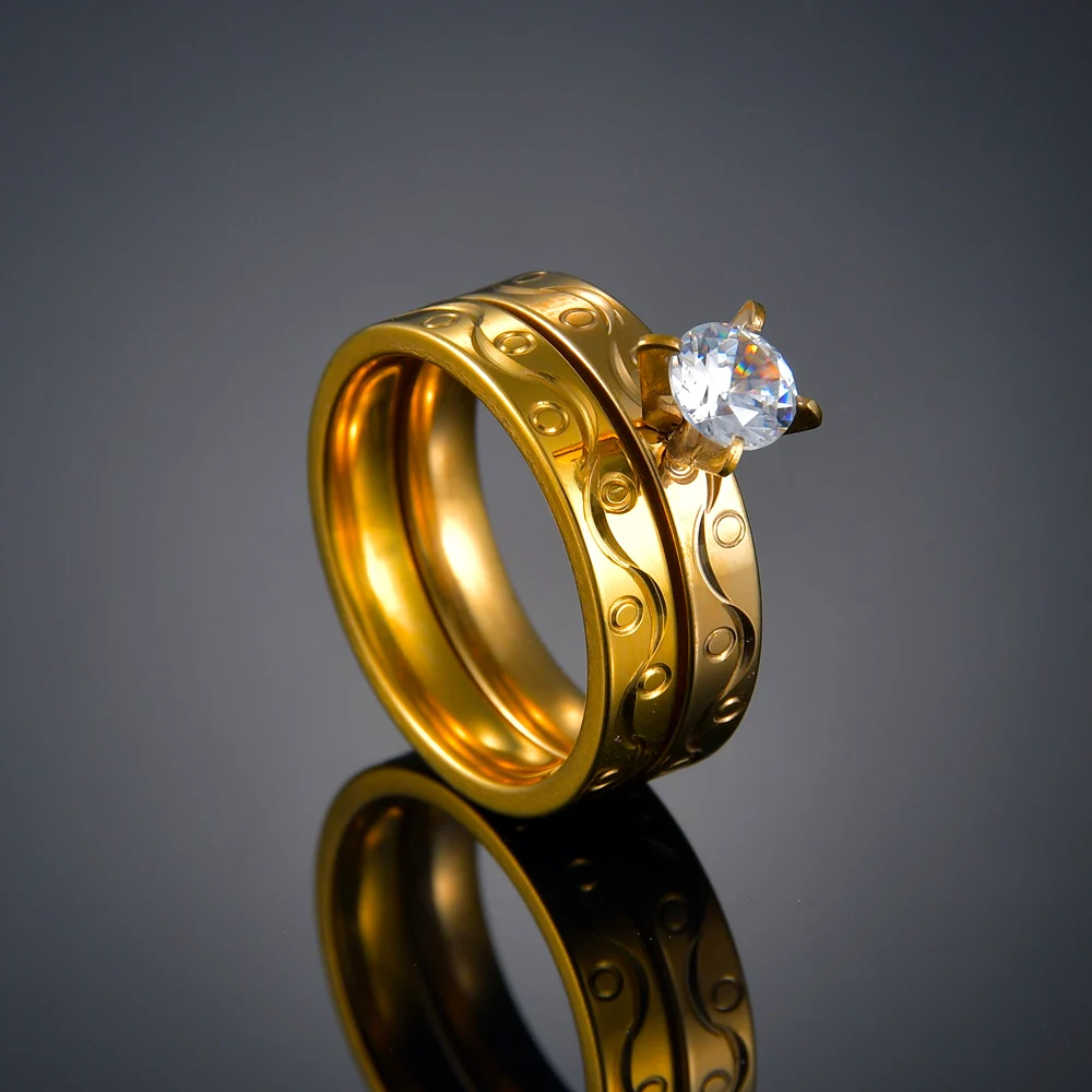 Wedding Rings for Women Men Couple Promise Band Set Crystal Stainless Steel Engagement Jewelry for Lovers 2pcs