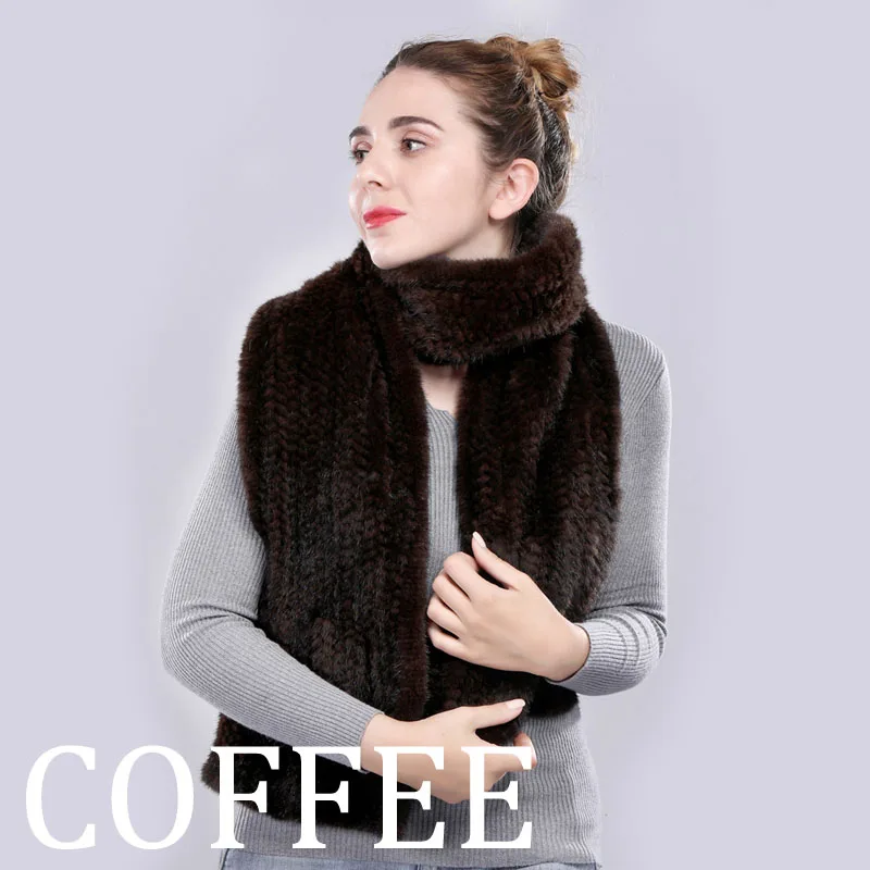 coffee Роскошный женский норковый меховой шарф ручной вязки модная норка меховой шарф бренд настоящий норковый меховой для шеи Теплый - Цвет: coffee